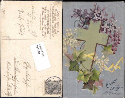 107770,Präge AK Konfirmation Kreuz Blumen Ahornblatt