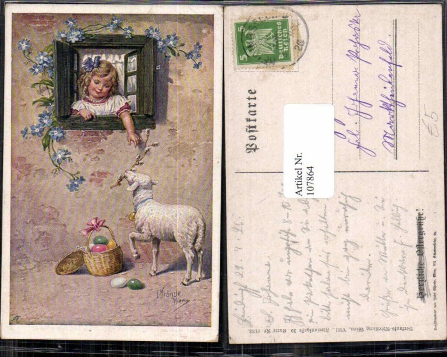 107864,Dt. Schulverein 1133 J. Kränzle Ostern Kind am Fenster Schaf Ostereier