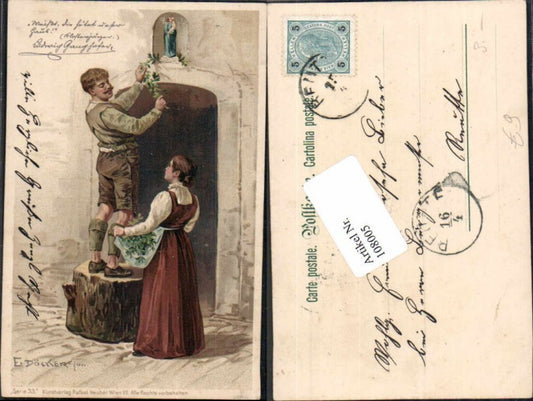 108005,E.Döcker Litho Mann Frau Mann schmückt Tür pub neuber