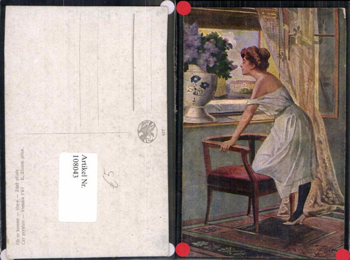 108043,E. Zlamal Frau am Fenster Vase Kleid Erotik Akt