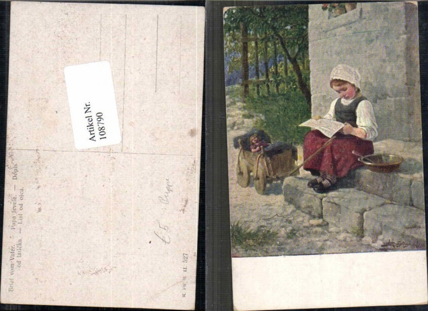 108790,Brief von Vater Mädchen liest Puppe Leiterwagen DOLL