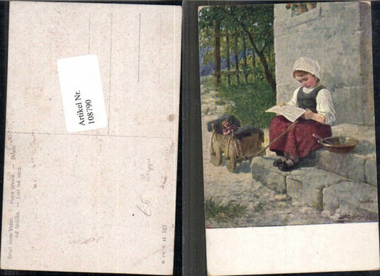 108790,Brief von Vater Mädchen liest Puppe Leiterwagen DOLL