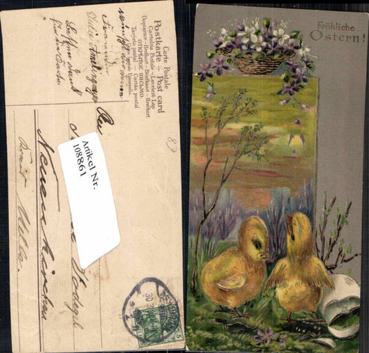 108861,Tolle Präge AK Ostern Küken Blumen verziert Golddruck