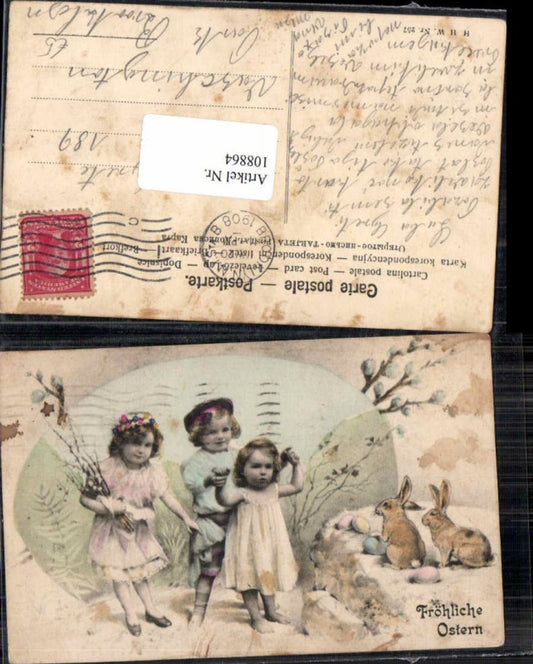 108864,Litho Kinder m. Osterhasen Hasen Ostern Palmkätzchen