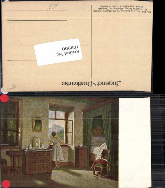 108900,Jugend Postkarte M.v. Schwind Morgenstunde Frau am Fenster