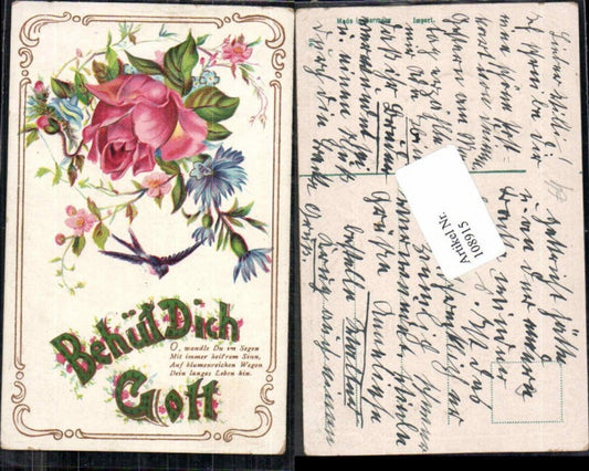 108915,Präge Litho Rose Blume Spruch behür dich Gott Tolle Karte