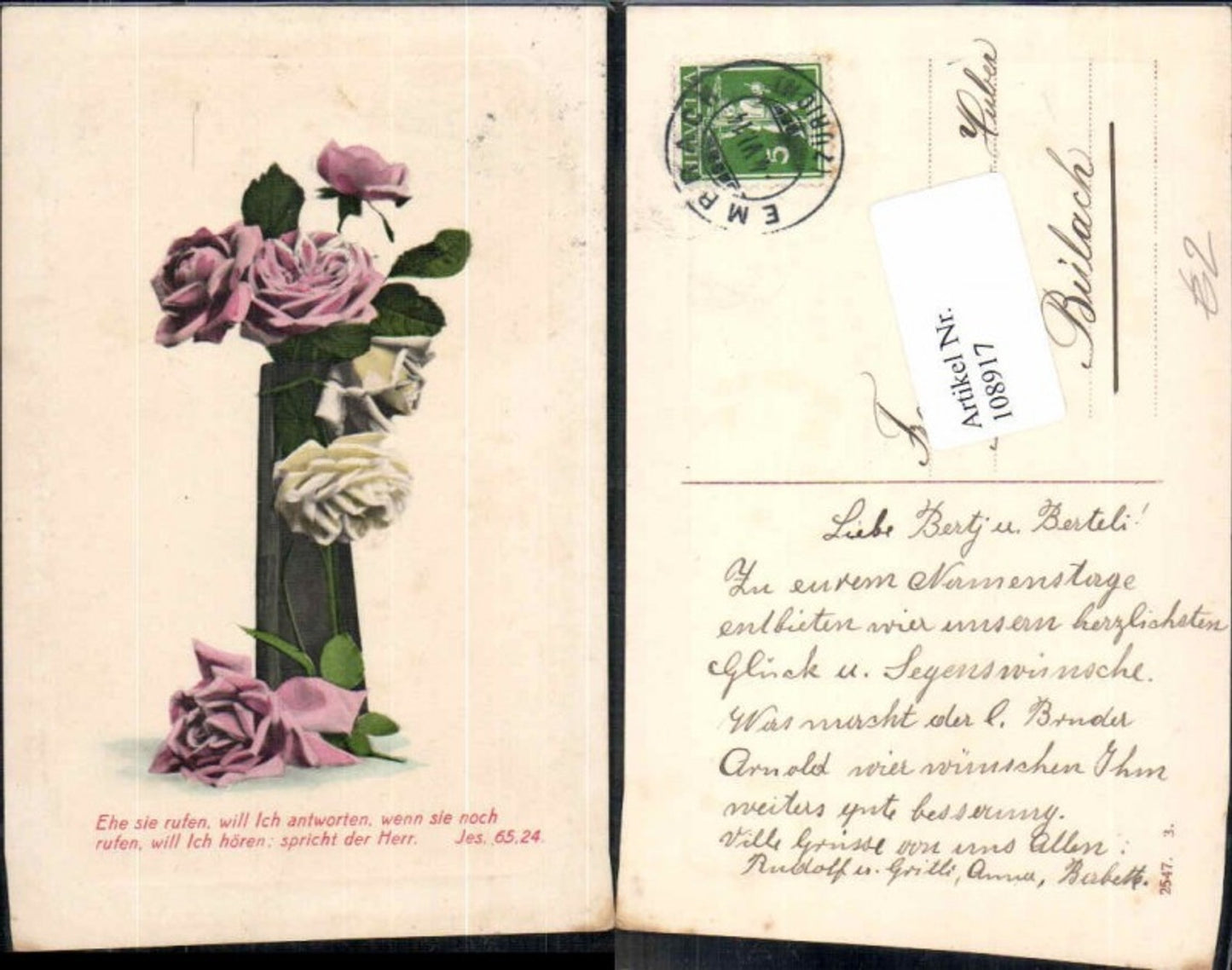 108917,Präge Litho Gelbe Rosa Rosen Blumengel Embach Spruch Psalm 65.24