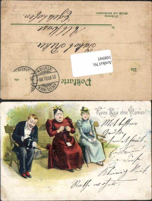 108945,Frauenfeindlich Frau strickt Mann Zylinder sitzt auf Bank Juxkarte Keine Rose ohne Dorn