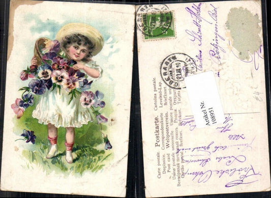 108951,Tolle Litho Mädchen m. Hut Blumen Korb Veilchen