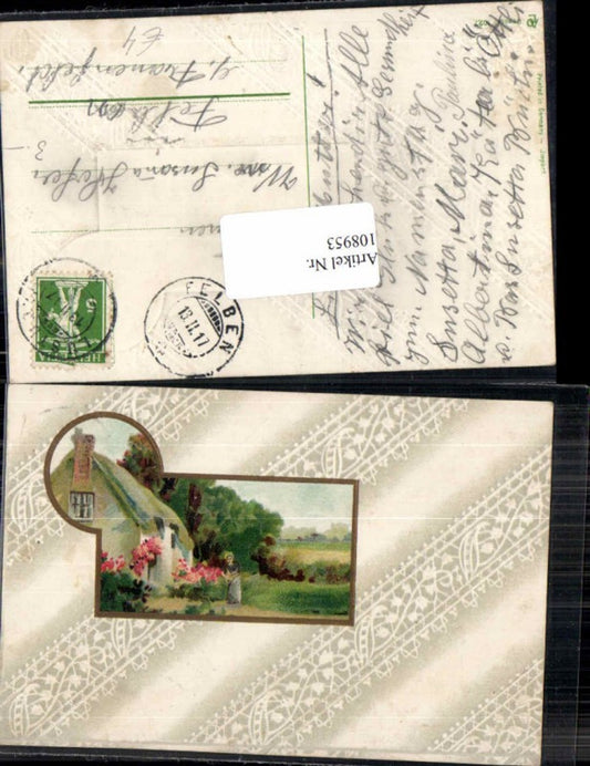 108953,Tolle Präge Litho Haus m. Frau Garten gel. Felben