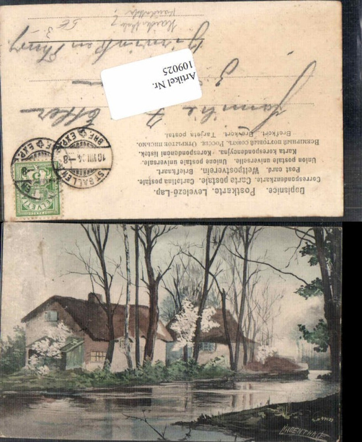 109025,Haidenthaler sign. Häuser am Bach m. Bäume Tolle Künstlerkarte gel St Gallen