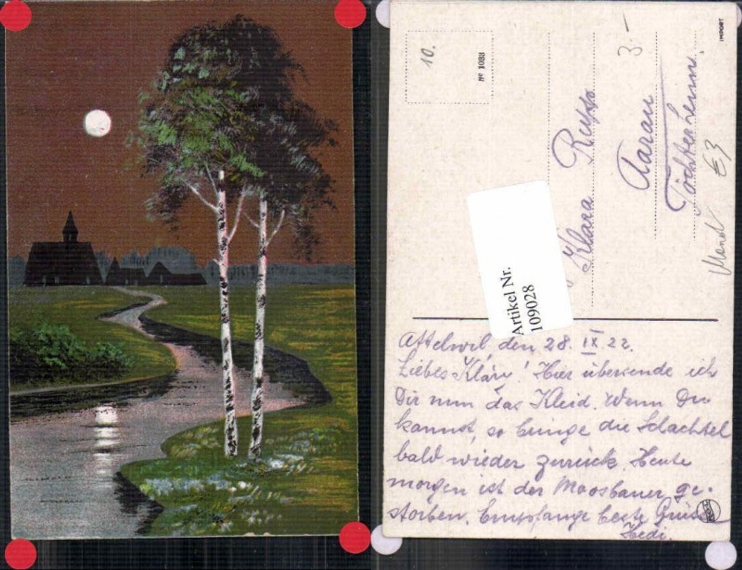 109028,Birke Baum m. Kirche im Mondschein Mond Moon bach