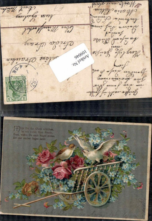 109046,Tolle Präge Litho Vogel Leiterwagen Rosen Blumen