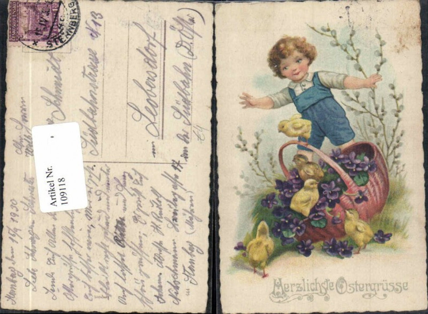 109118,Ostern Süsses Kind m. Küken Korb Palmkätzchen
