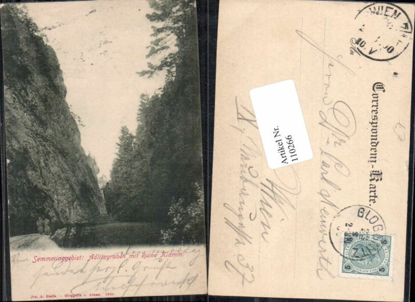 110266,Semmering Adlitzgraben m. Ruine Klamm 1900