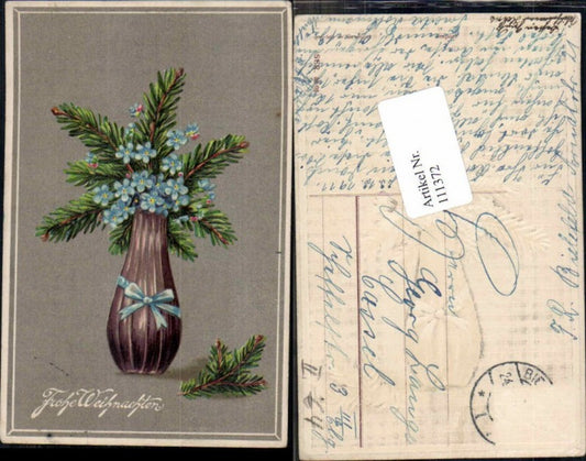 111372, Christmas embossed lithograph vase flowers fir branches