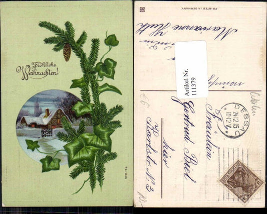 111379, Christmas Great embossing lithograph house fir branches cones