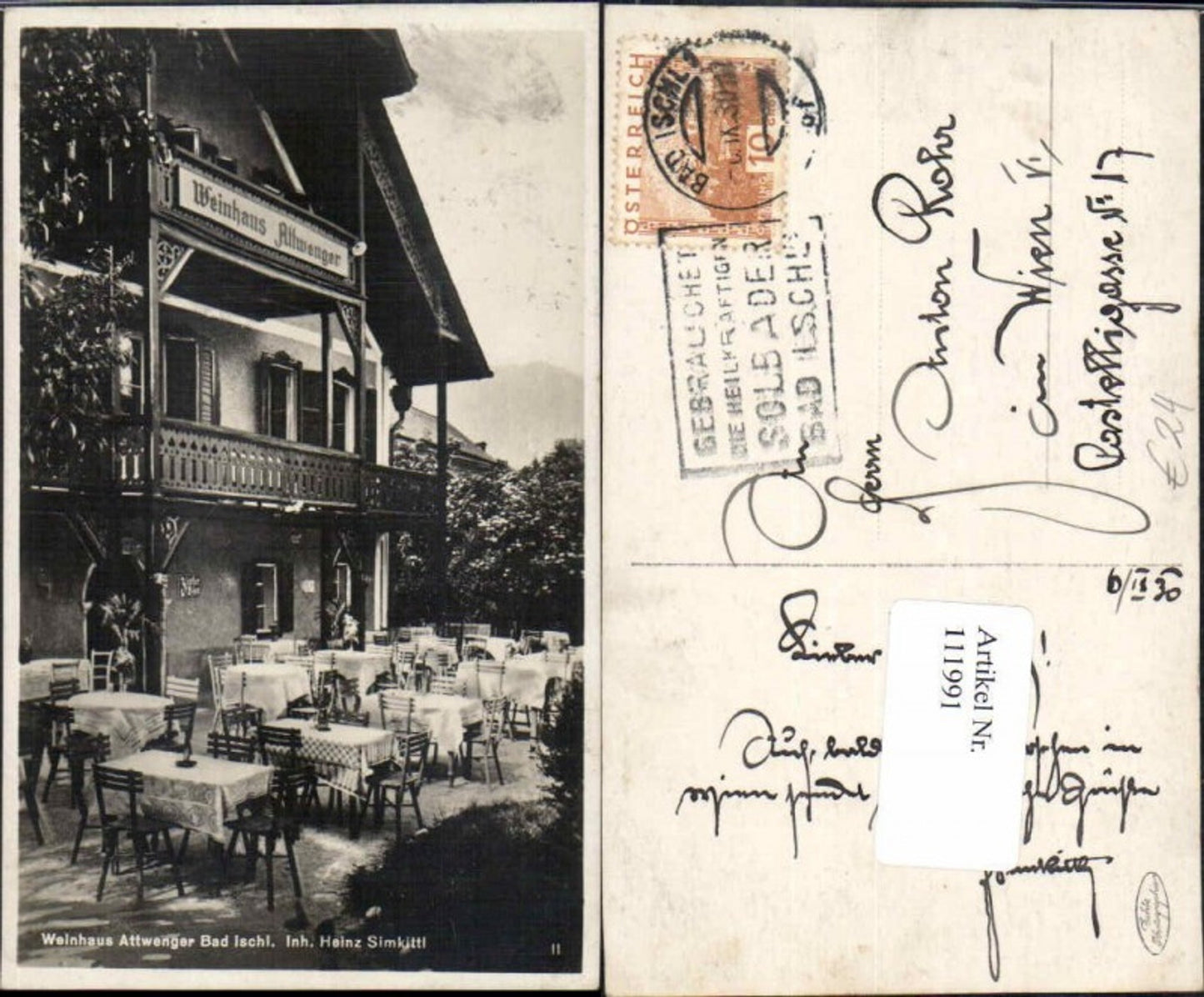 111991,Weinhaus Gasthaus Altwenger in Bad Ischl Inh. Heinz Simkittl RAR 1930