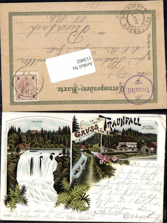 112002,Tolle Seltene Litho Gruss vom Traunfall Gasthaus Gmunden Roitham 1897