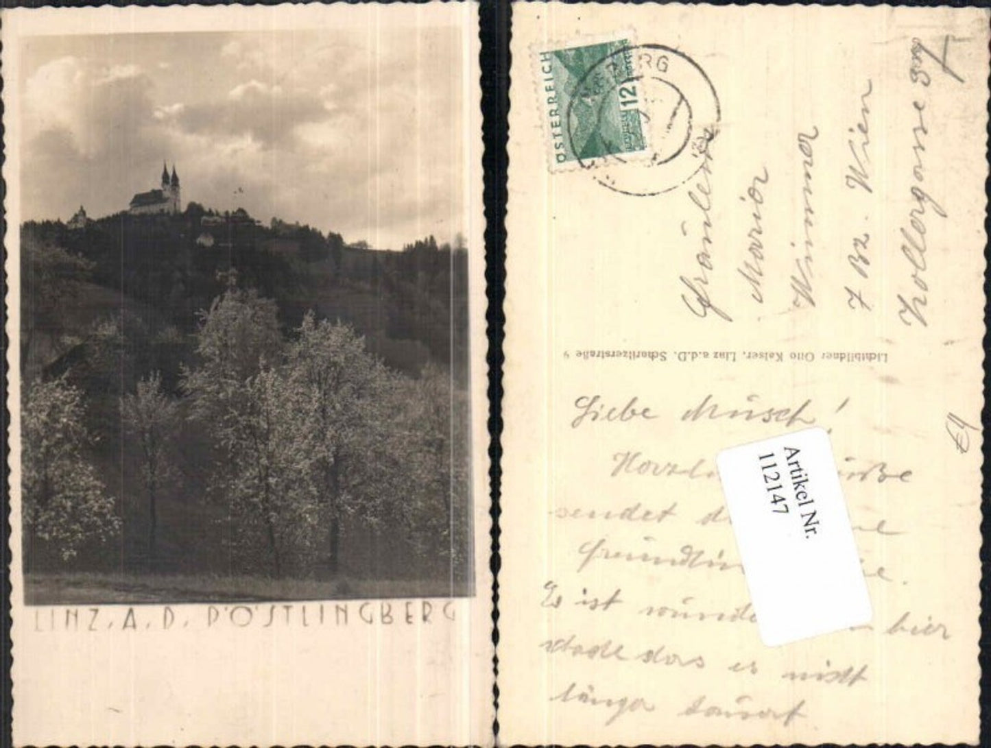 112147,Linz a.d. Donau Fotokarte Pöstlingberg Kirche Bäume 1930 pub kaiser