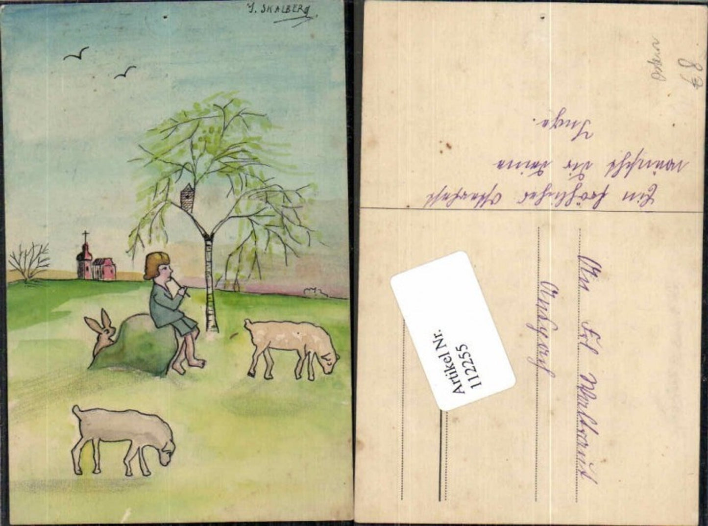 112255,Ostern Handgemalt Mädchen Schafe Flöte sign Skalberg J.