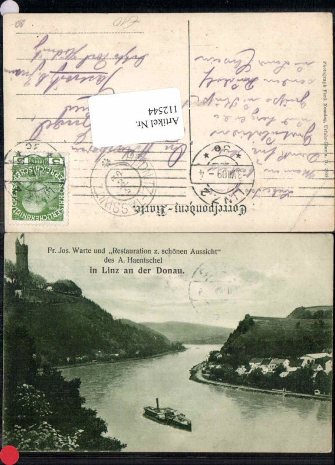 112544,Linz a.d. Donau Franz Josef Warte m. Dampfer Restauration zur Schönen Aussicht 1908