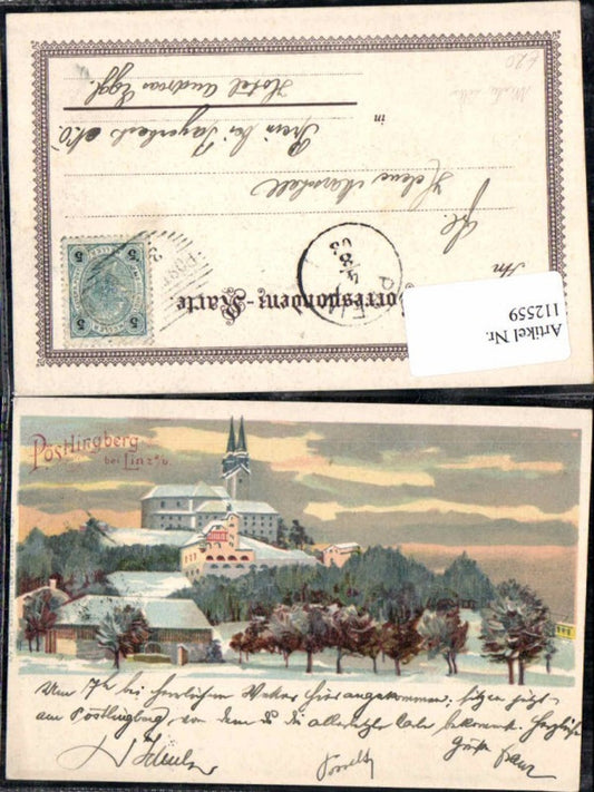 112559,Linz a.d. Donau Tolle Winterlitho Litho m. Pöstlingberg bei Linz Häuser 1900