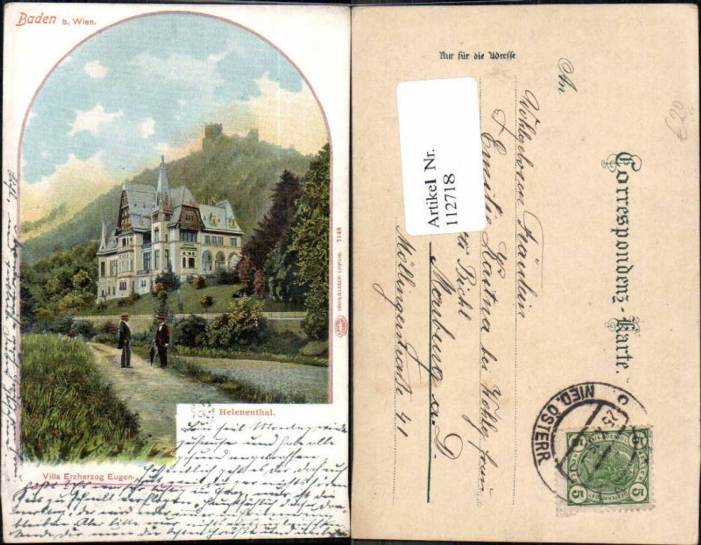 112718,Baden bei Wien Litho Villa Erzherzog Eugen Helenenthal Seltene Ansicht 1900
