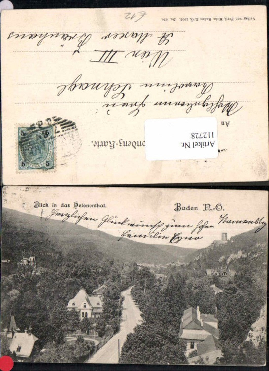 112728,Baden bei Wien Blick ins Helenenthal Teilansicht 1908