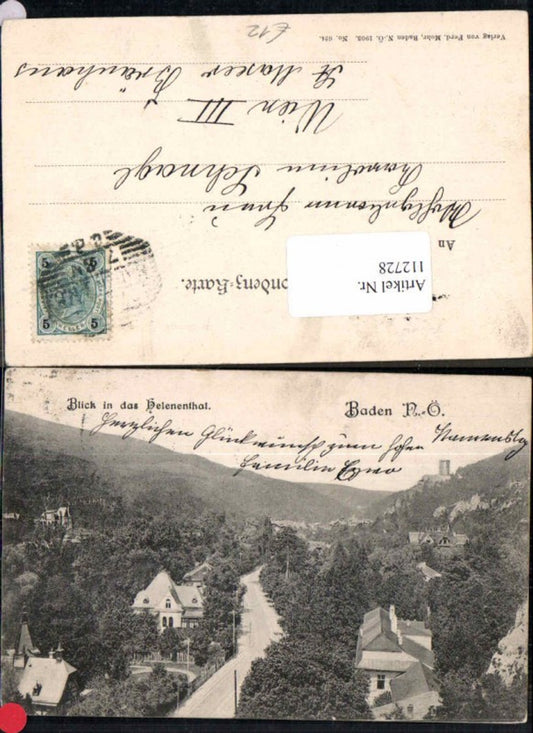 112728,Baden bei Wien Blick ins Helenenthal Teilansicht 1908