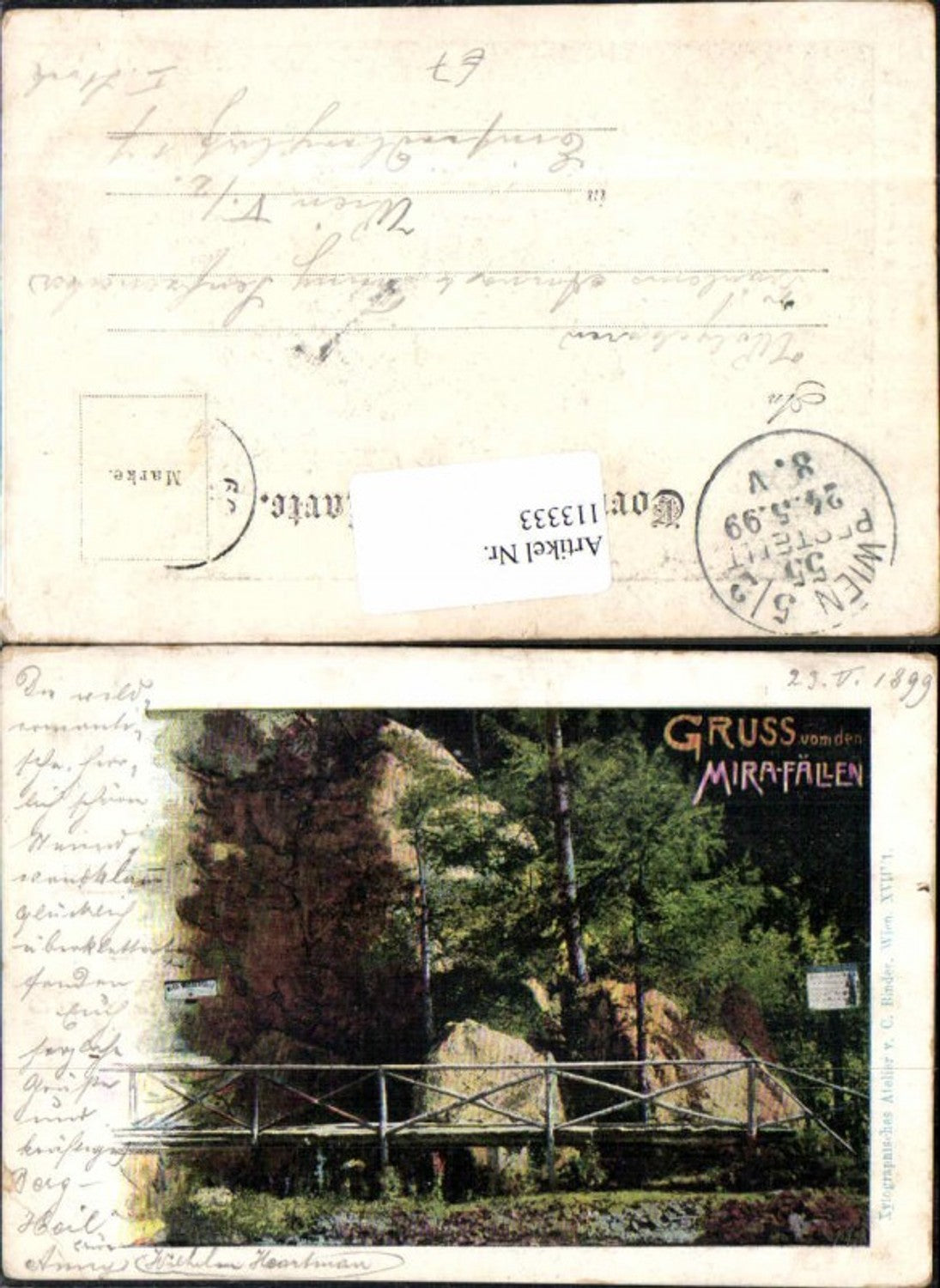 113333,Litho Gruss v.d. Mirafällen Pernitz Brücke 1899
