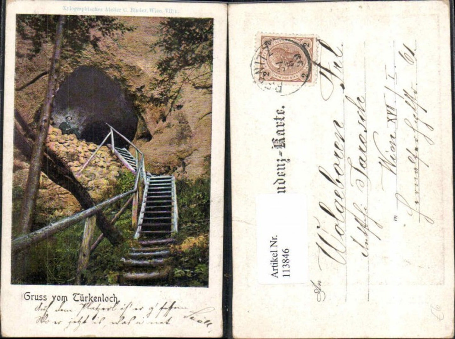 113846,Gruss vom Türkenloch bei Weissenbach a.d. Triesting Steinwandklamm 1899