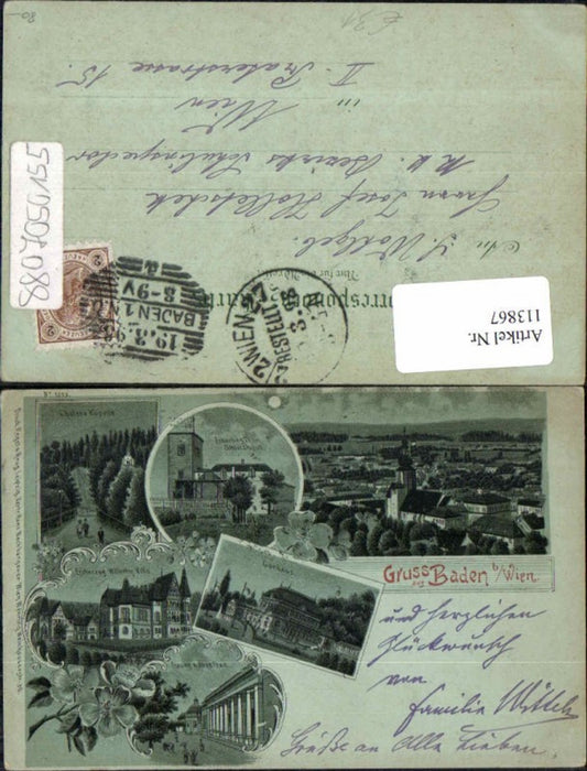 113867,sehr seltene Mond Litho Gruss aus Baden bei Wien 1898 Erzherzog Wilhelm Villa Eisernes Thor