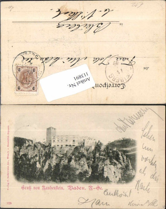 113891,Gruss von d. Ruine Rauhenstein bei Baden Wien Helenenthal 1898