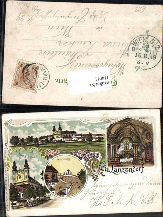 114011,Tolle Litho Gruss aus Maria Lanzendorf Kalvarienberg Kirche 1898