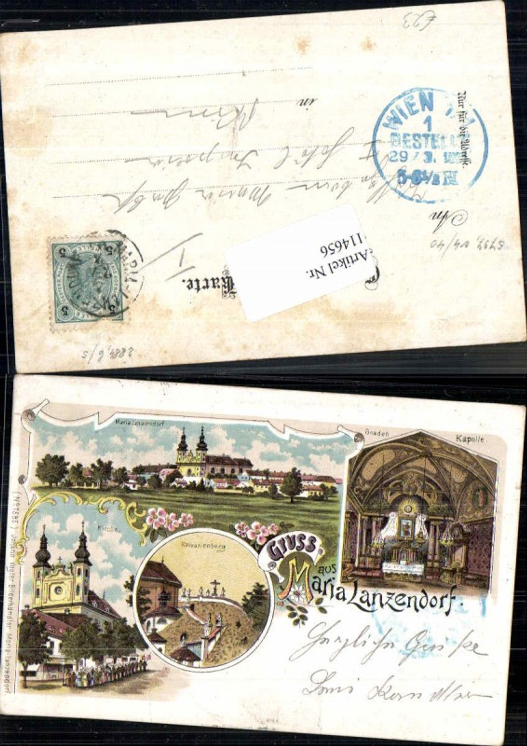 114656,Tolle Litho Gruss aus Maria Lanzendorf Kalvarienberg Kirche Wien Altar