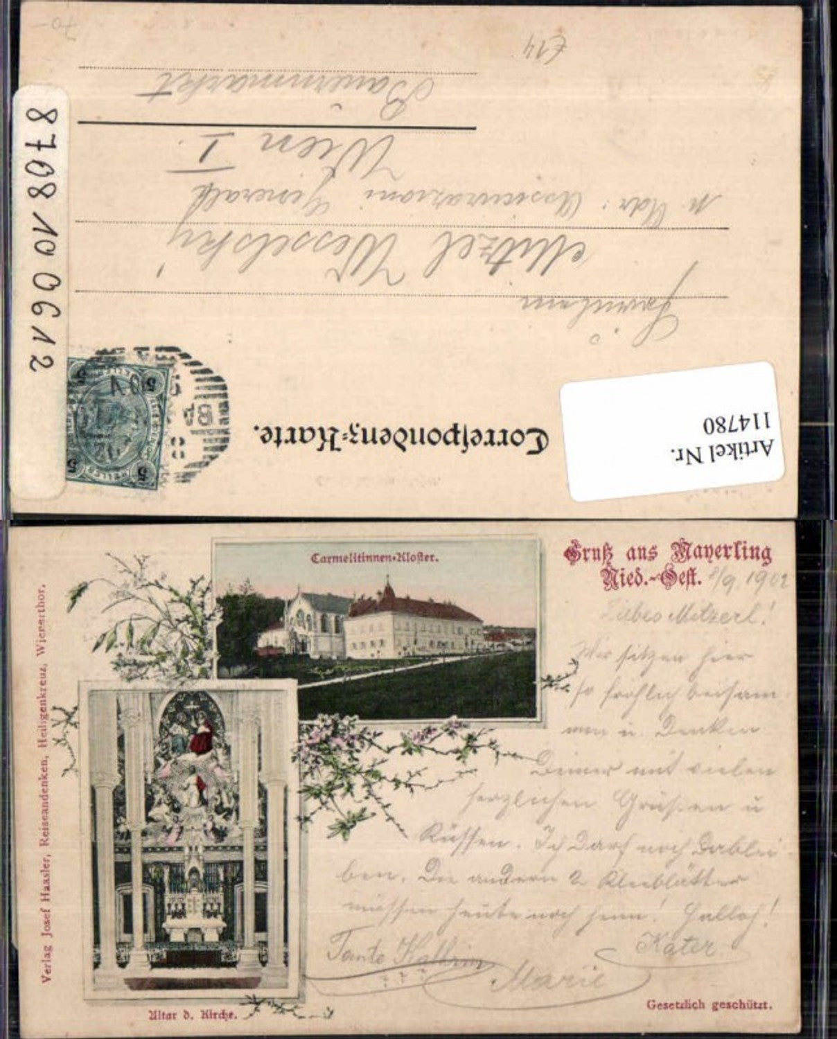 114780,Gruss aus Mayerling bei Baden Alland 1902 Altar Kirche