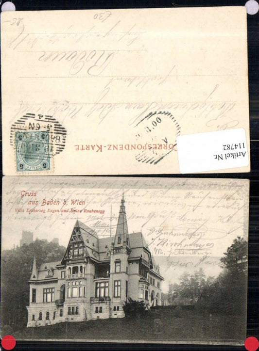114782,Gruss aus Baden bei Wien Villa Erzerherzog Eugen Ruine Rauhenegg Helenenthal 1898
