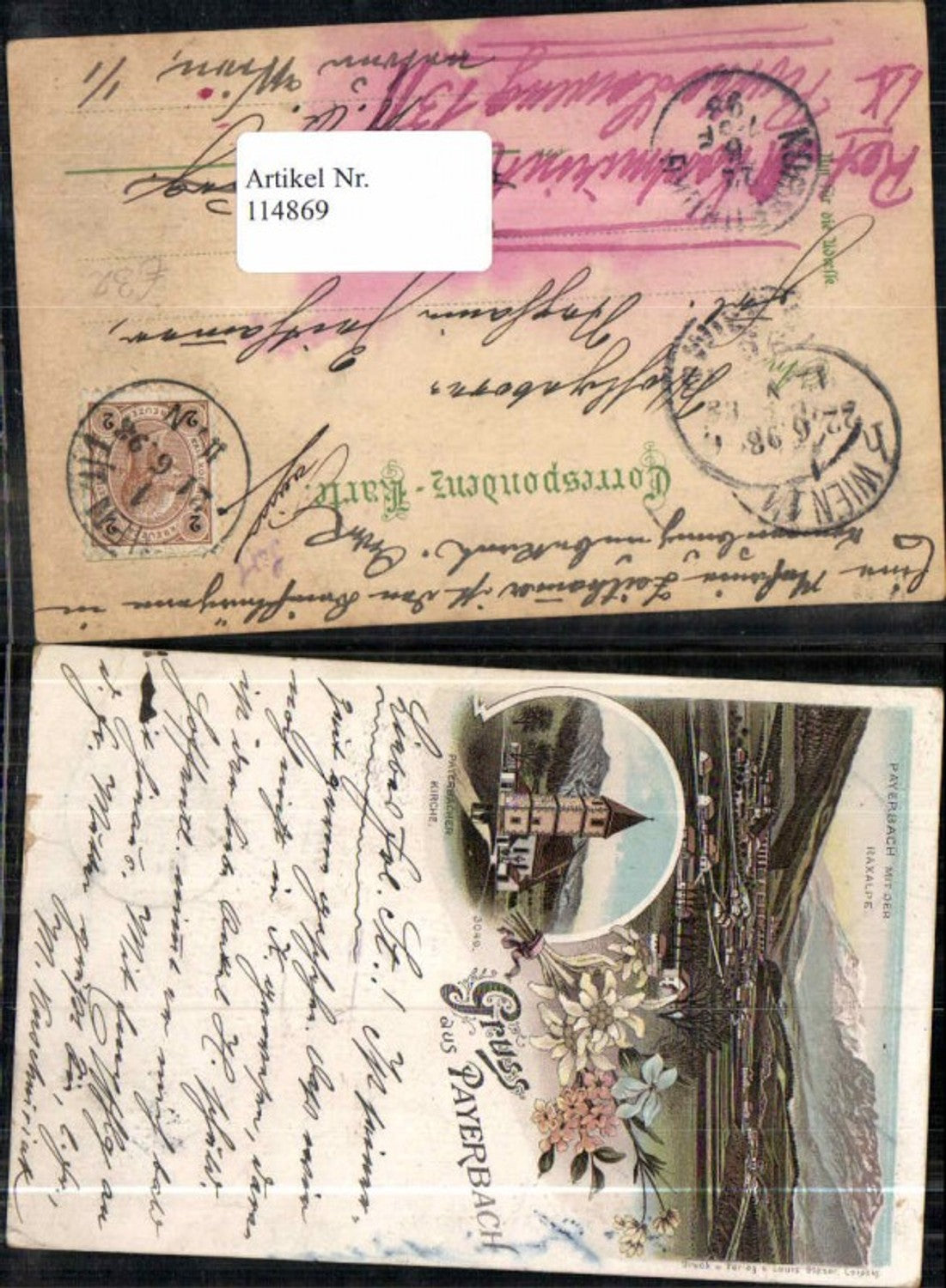 114869,Seltene Litho Gruss aus Payerbach Kirche m. Blumen 1897