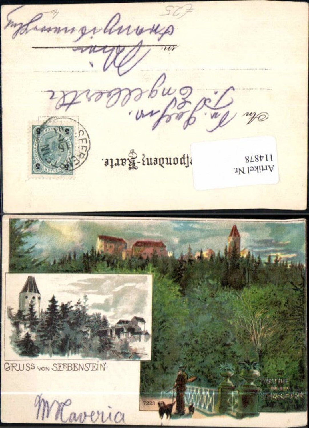 114878,Tolle Litho Gruss aus Seebenstein sign. Rosenberger m. Schlosspark und Jäger