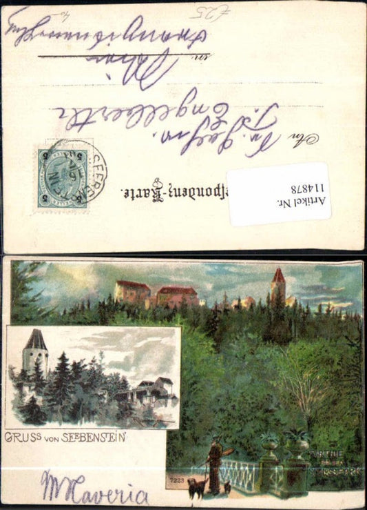 114878,Tolle Litho Gruss aus Seebenstein sign. Rosenberger m. Schlosspark und Jäger