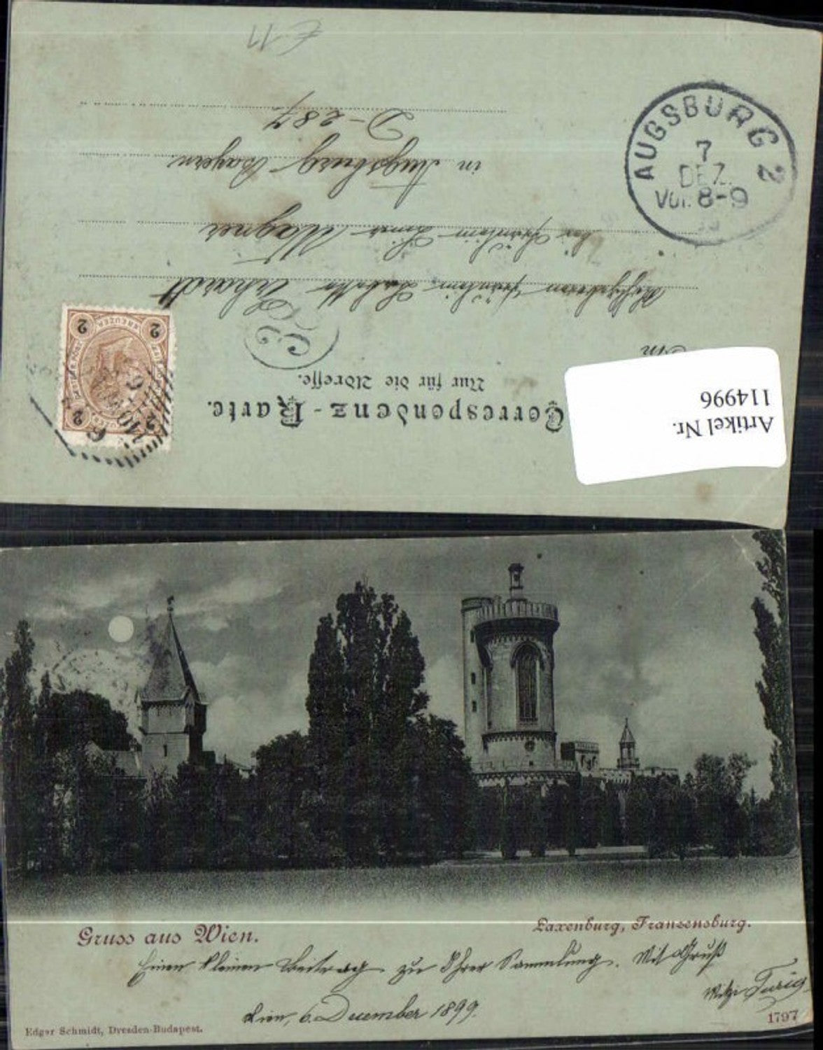 114996,Mond Litho Gruss aus Laxenburg Franzensburg Wien 1897