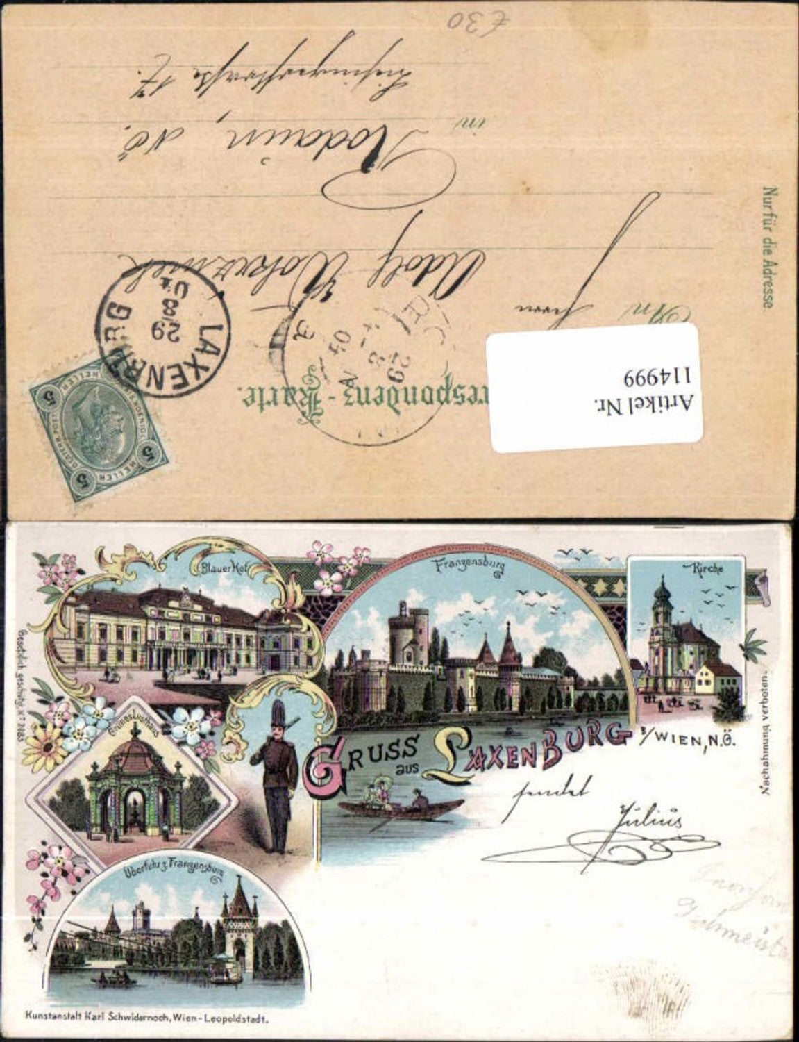 114999,tolle Schwidernoch Litho Gruss aus Laxenburg bei Wien Franzensburg Gasthaus Blauer Hof