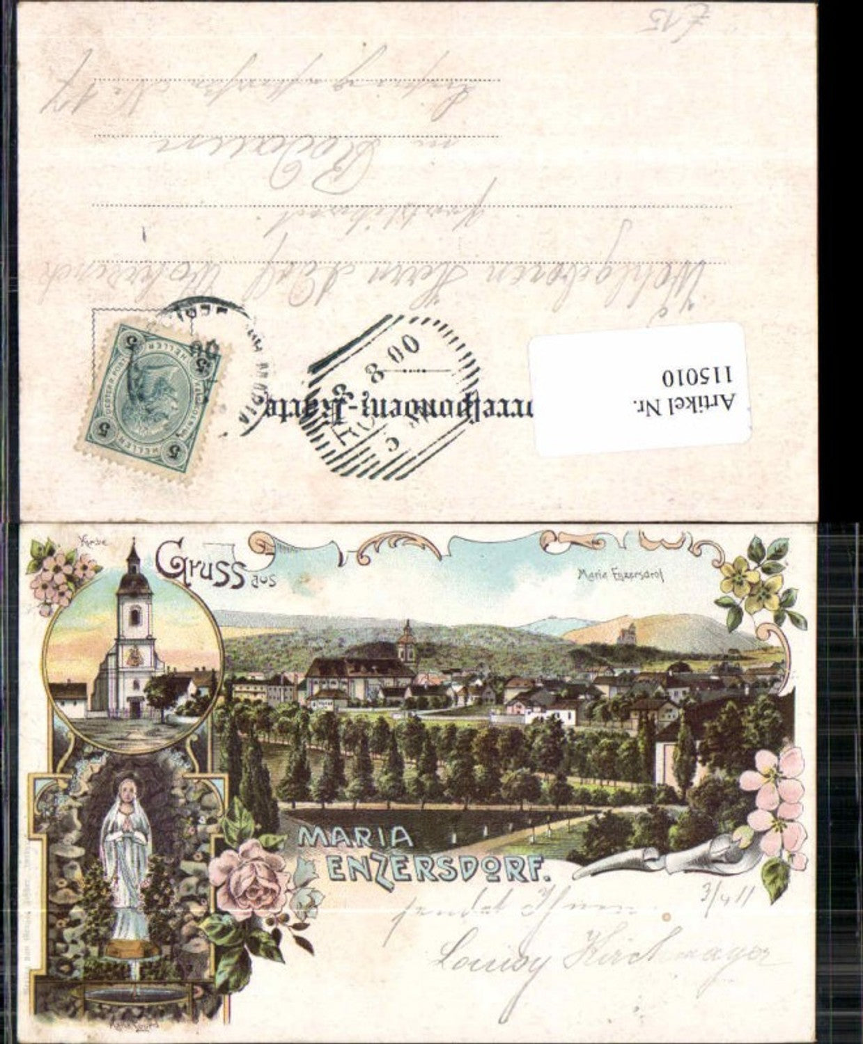 115010,tolle Litho Gruss aus Maria Enzersdorf Kirche Mödling 1898