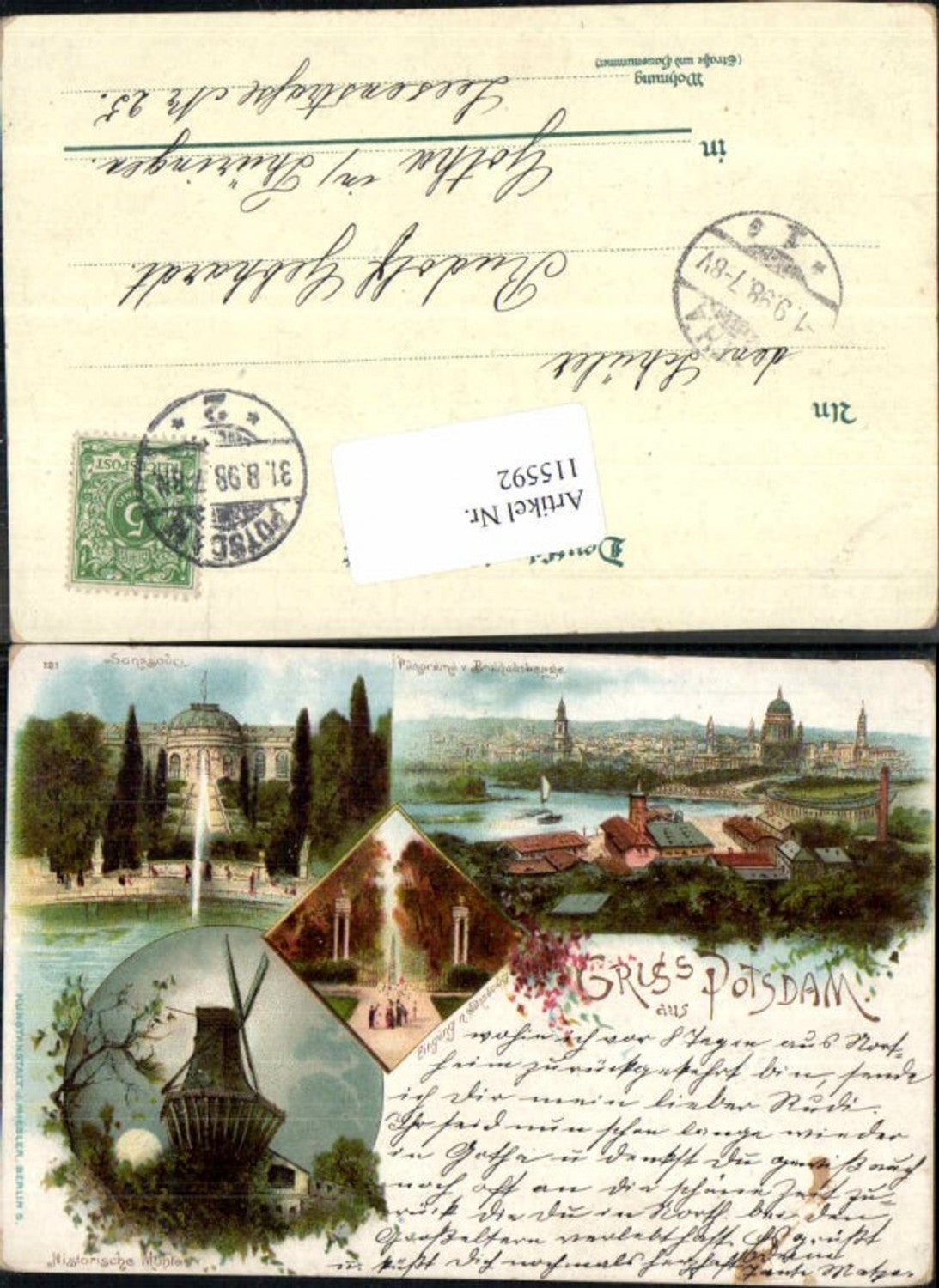 115592,Tolle Litho Gruss aus Potsdam Mühle Windmühle 1897