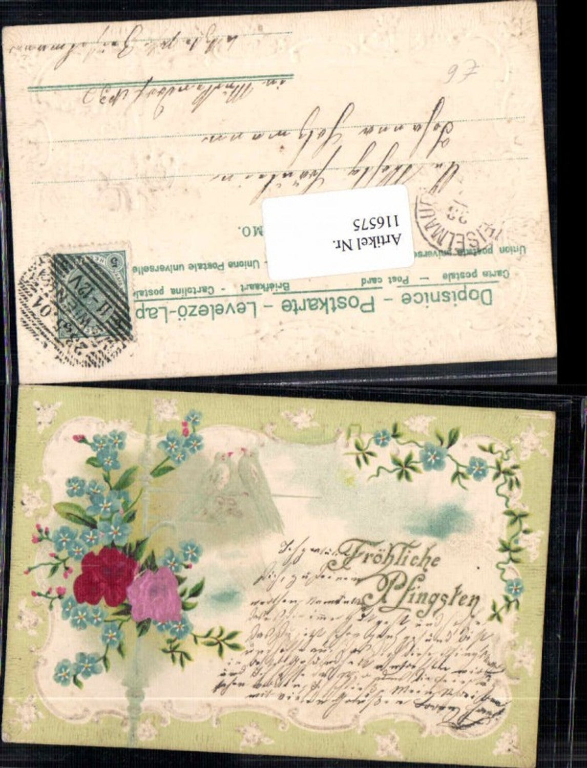 116575,Tolle Präge Applikation Vogel Seidenkarte Seide Stoff Pfingsten 1900