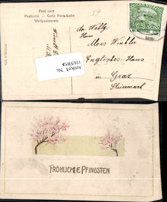 116589,Tolle Präge Litho Pfingsten Strauch 1900