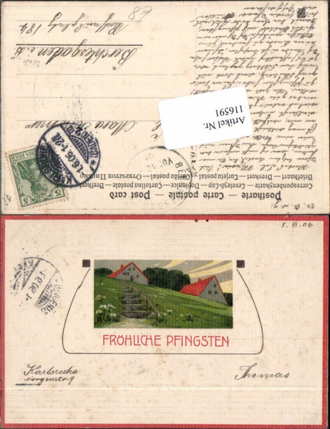 116591,Tolle Präge Karte Pfingsten Häuser Stiege Wiese