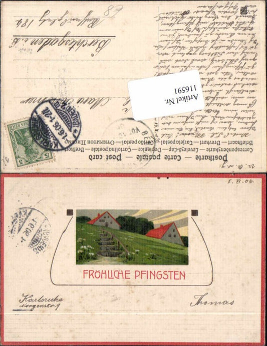 116591,Tolle Präge Karte Pfingsten Häuser Stiege Wiese