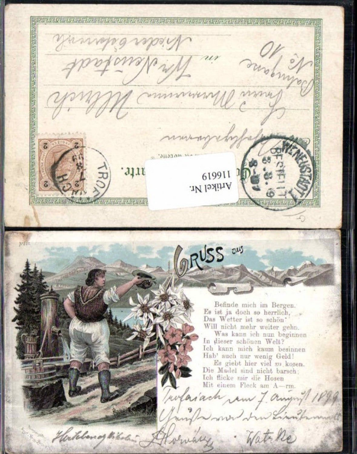 116619,Tolle Litho Gruss aus den Bergen Frau am Brunnen pub Regel Krug
